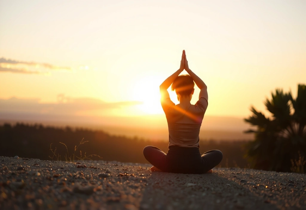 O persoană meditează într-o poziție de yoga la răsărit