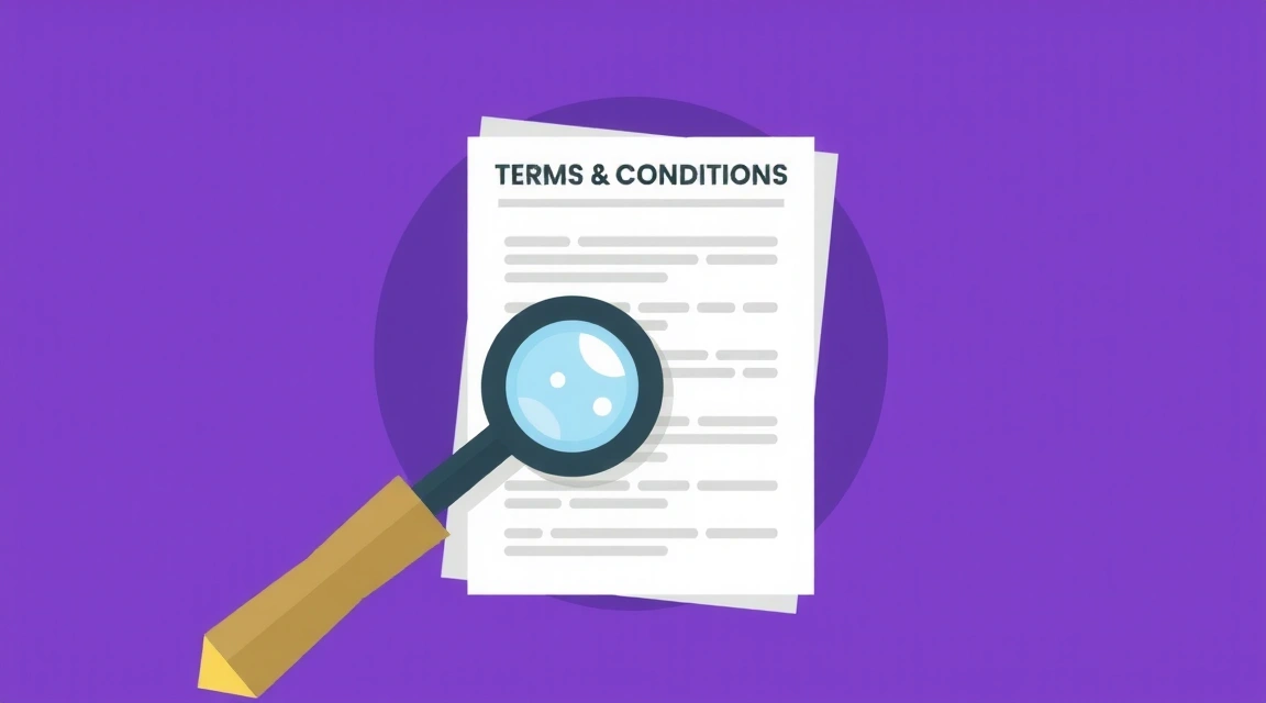 O imagine stilizată a unor termeni și condiții, cu un document și o lupă, simbolizând atenția la detalii.