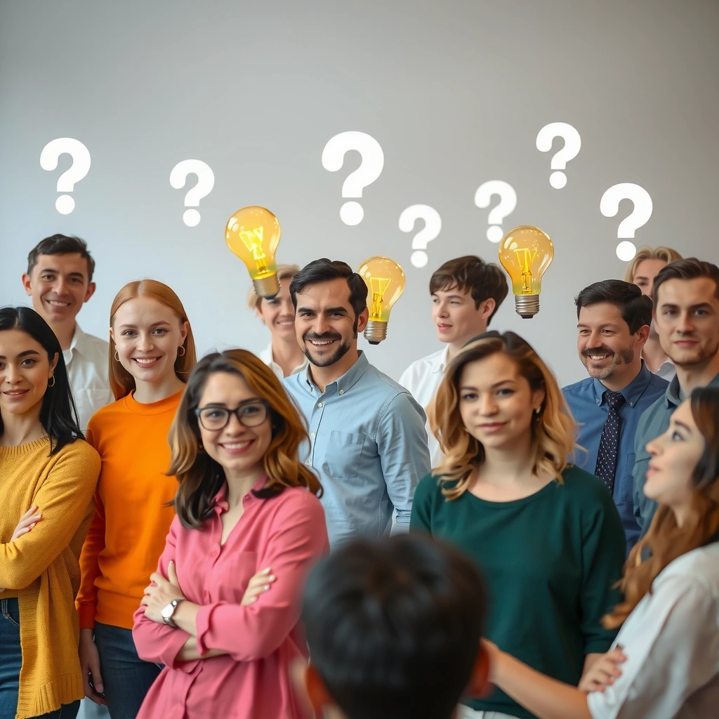Oameni care pun întrebări și primesc răspunsuri, simbolizând claritatea și ajutorul